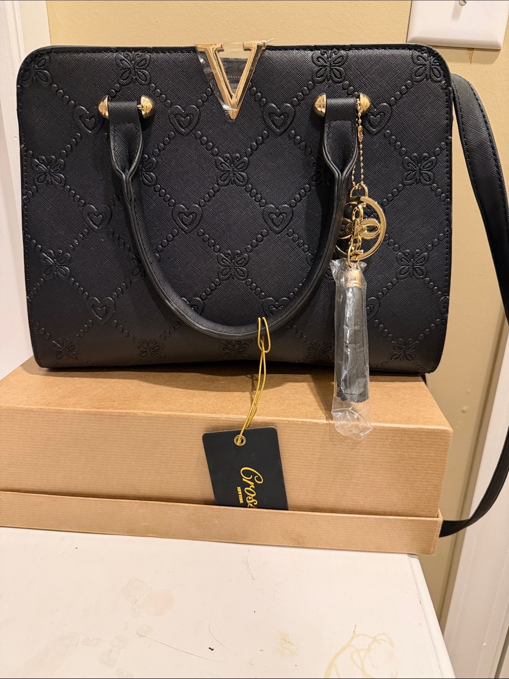 Black Women's Satchel Handbag with Gold Hardware